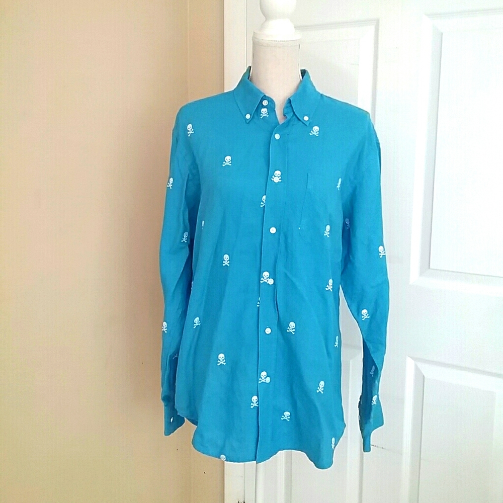 J. McLaughlin Blue Button Down Shirt with White Skull Print